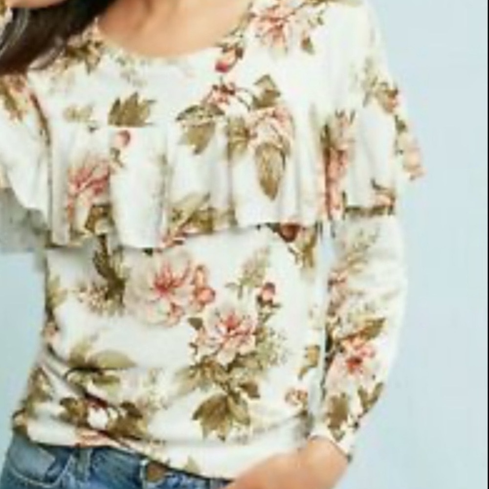 🌸 Anthropologie Lightweight Harlyn Floral Ruffled Sweater